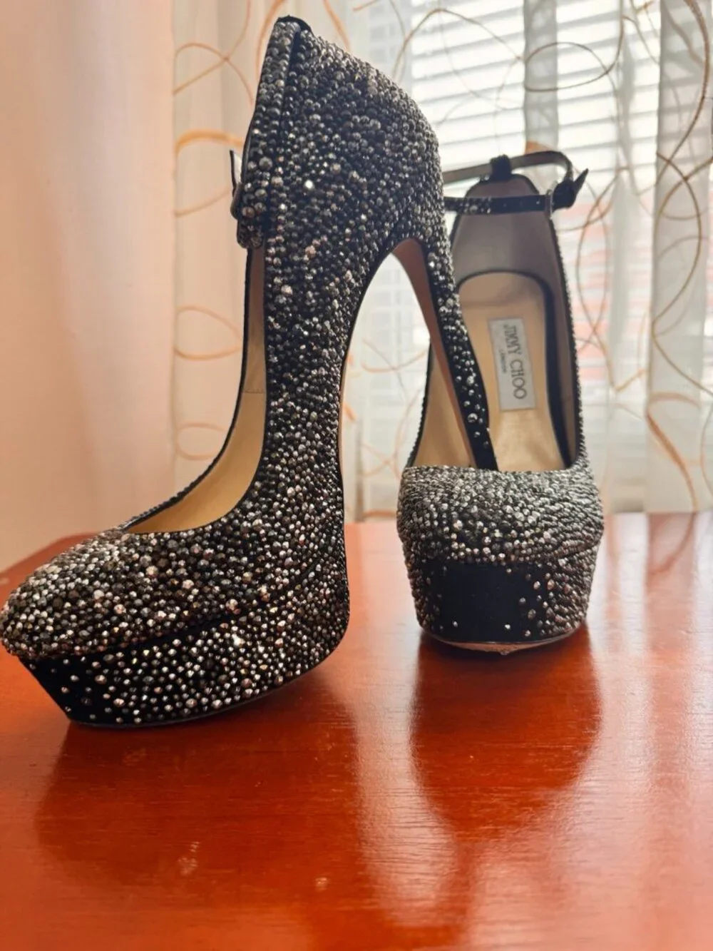 Jimmy Choo Black Silver Glitter Jeweled Ankle Strap Platform Stiletto Heels - Picture 3 of 4